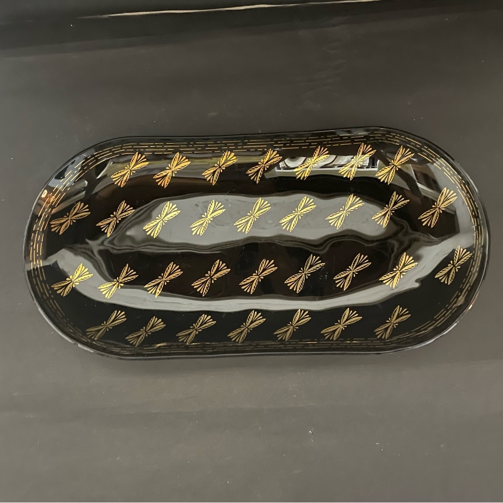 Vintage Houze Art Smoked Glass Mid century Black With Gold Gild Dragonflies Dish